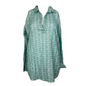 Rock Flower Paper Shirt Women Sz M Tunic Aqua White Print Cotton V-Neck Collared